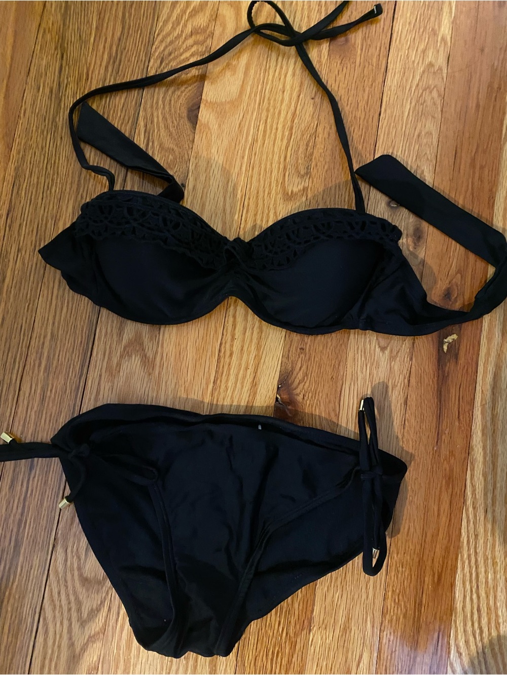 Black Women’s Lace-Trim Bikini Set top is small bottoms medium